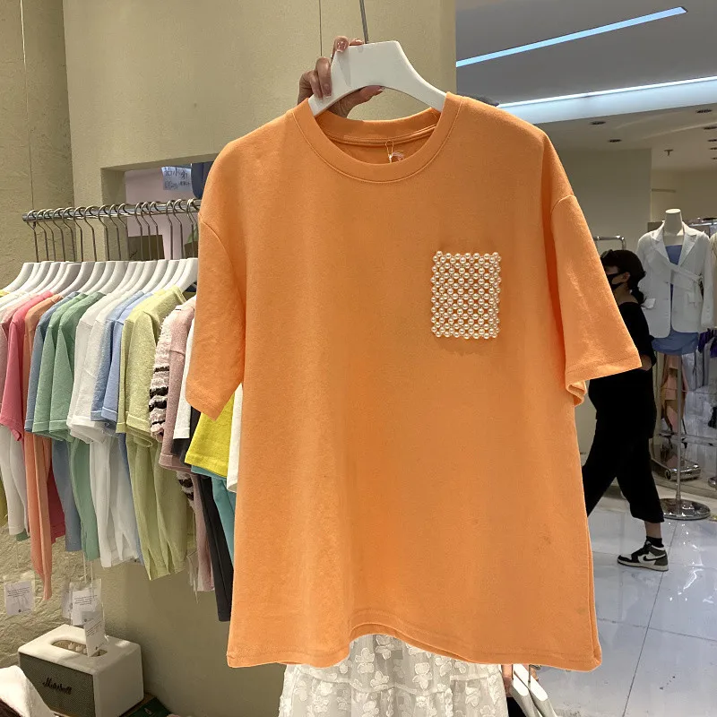 Однотонная летняя Корейская женская футболка 2022 топы с жемчужинами и карманами