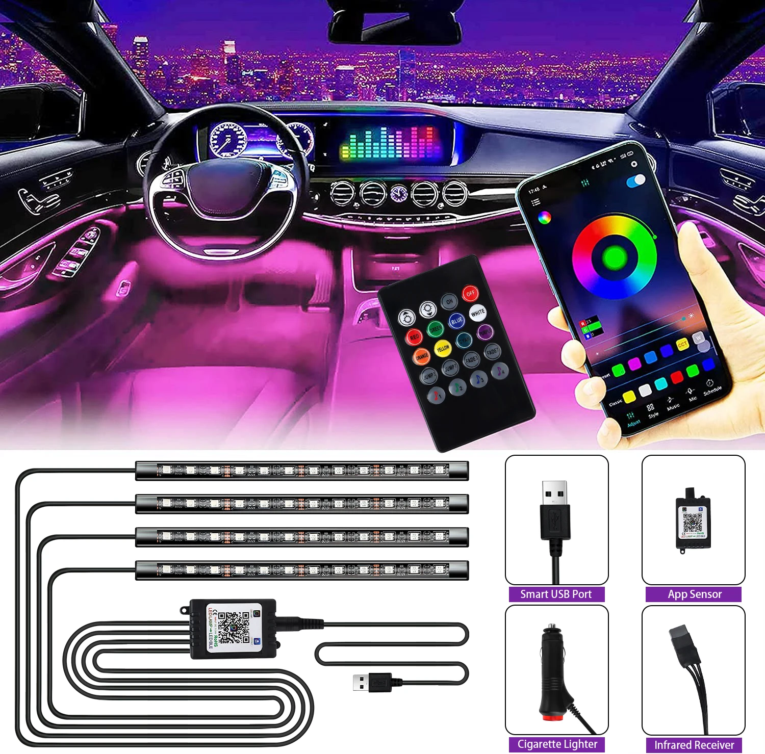 

LED Car Foot Light Ambient Lamp With USB Wireless Remote Music APP Control Interior Styling Decorative RGB Atmosphere Lights