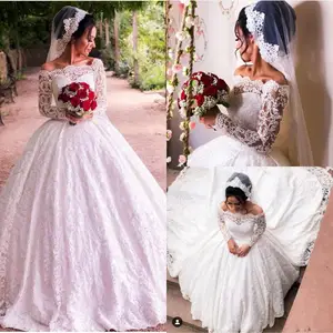 Saudi Arabic Vintage Ball Gown Lace Wedding Dresses Off Shoulder Long Sleeves Court Train Wedding Dress Bridal Gowns Vestidos