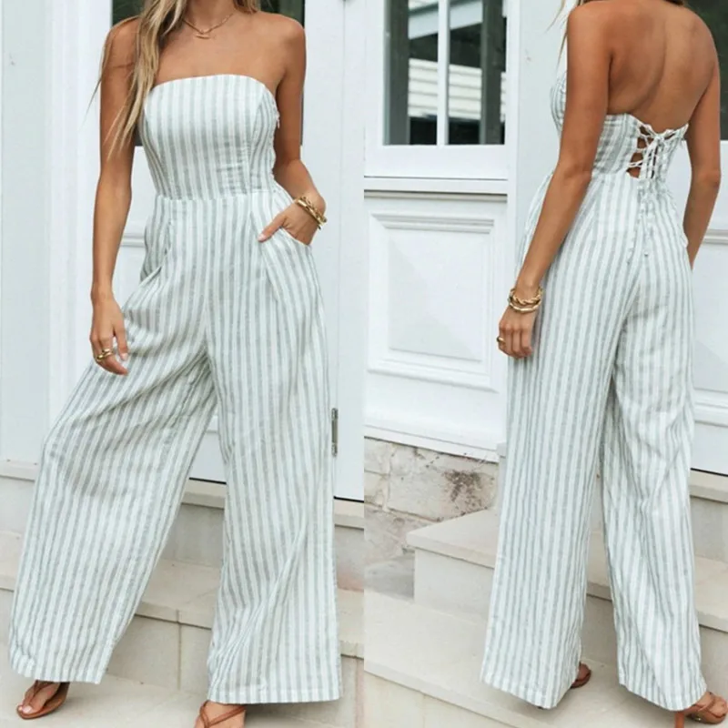 

2020 Summer Fashion Loose Women's New Commuter Stripe Lace Up High Waist One-piece Pants Wrapped Chest Casual Cotton Hemp Pants