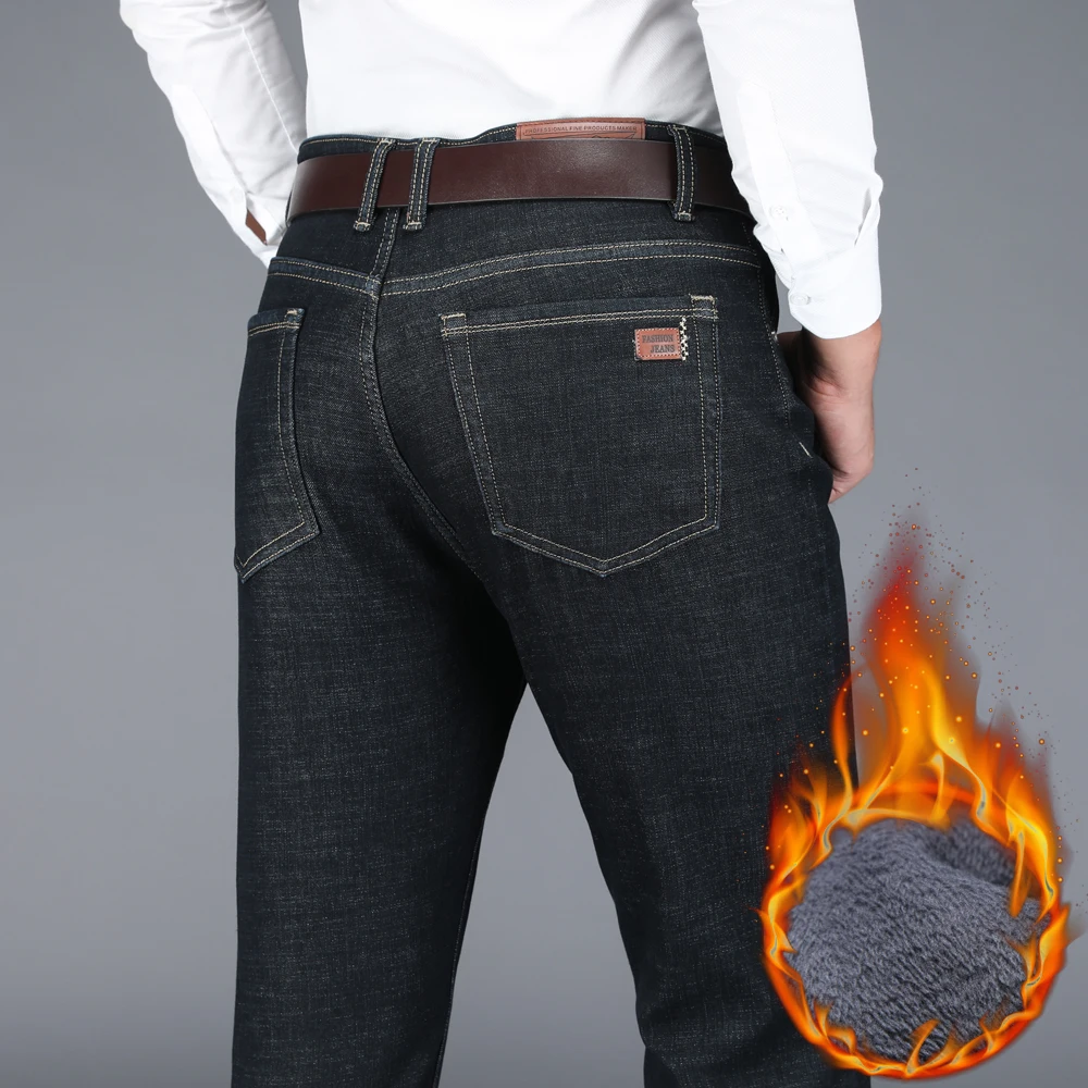 2020 dei Nuovi Uomini di inverno Dei Jeans Caldi di Affari di Modo di Stile Classico Nero Blu Denim Etero Pantaloni In Pile di Spessore di Marca Maschile pantaloni