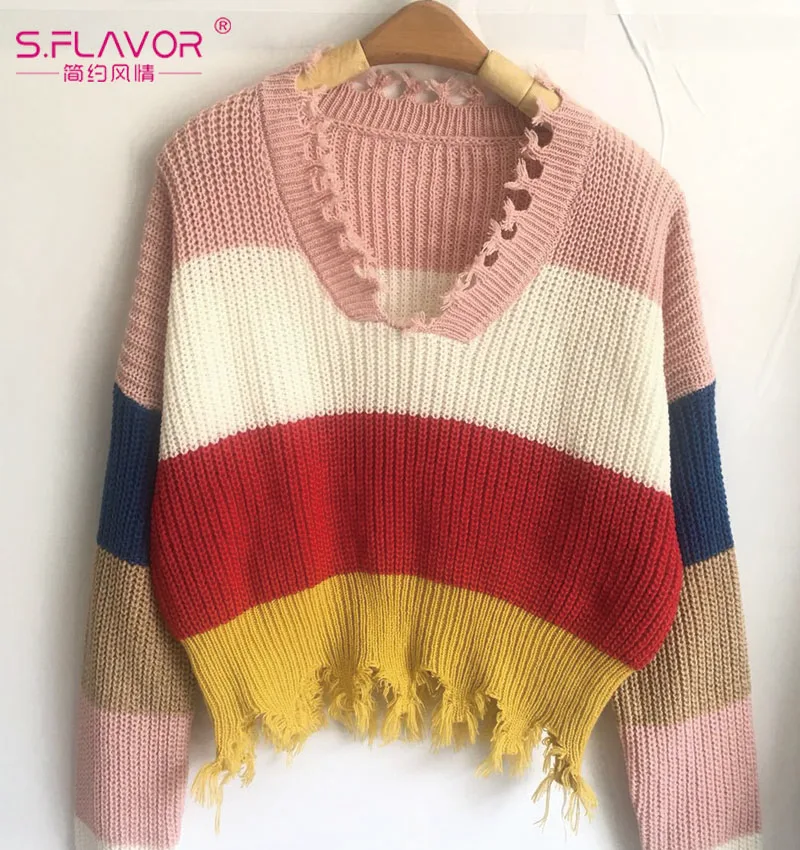 S. FLAVOR радужные цвета женские короткие пуловеры Лидер продаж v-образный вырез