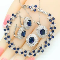 blue black semi precious dubai silver color jewelry sets for women bracelet hoop earrings necklace pendant rings birthday gift