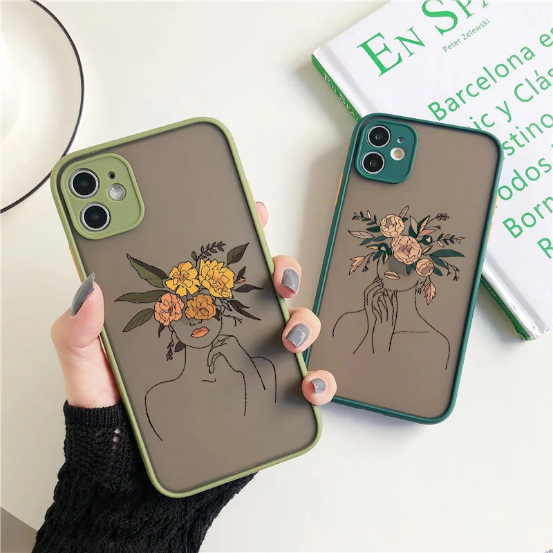 Line Art Sketch Flower Girl Protection Phone Case For iPhone 12 11 13 14 Pro MAX X XS XR SE 2 6s 7 8 Plus Hard Translucent Cover