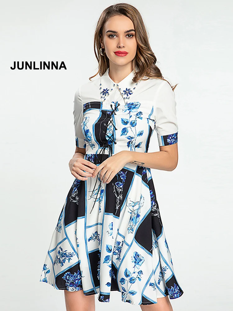 JUNLINNA  Fashion Designer Women Print Dress Rhinestone Bandage Elegant Summer New Dresses Contrast Colours Party Holiday Wear