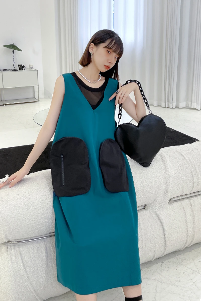 

SuperAen Loose Slim Long 2021 New Summer Big Pocket Design V-Neck Spaghetti Strap Casual Dresses for Women