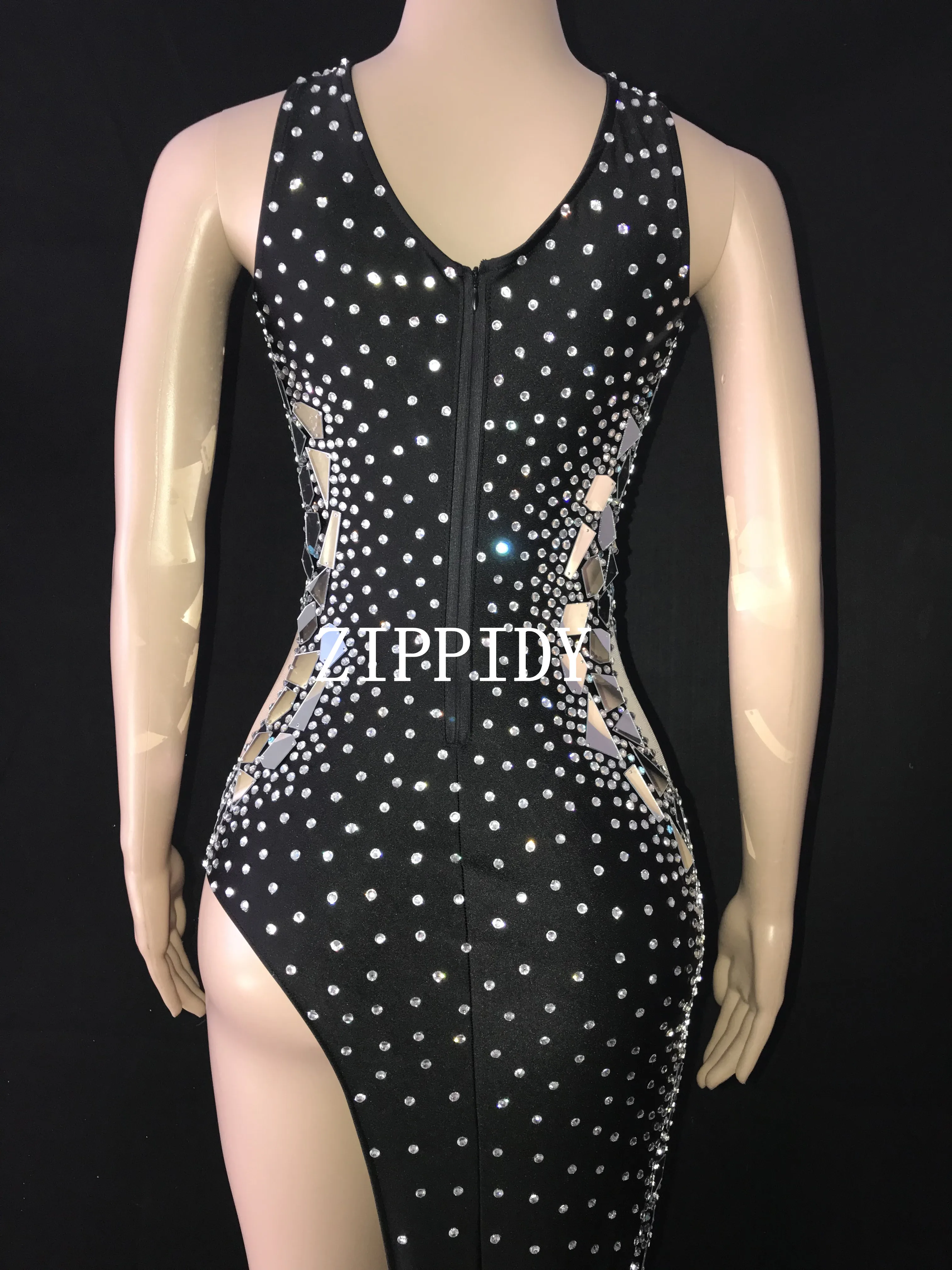 Flashing Silver Mirrors Rhinestones Dress Birthday Celebrate Black Shining Stage Latin DRESS Evening Bar Singer Dancer Show Outfit