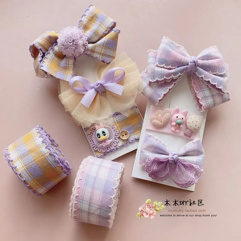 

3cm Wide Purple Plaid Ribbon Hand Made Bowknot Hair Decoration Material
