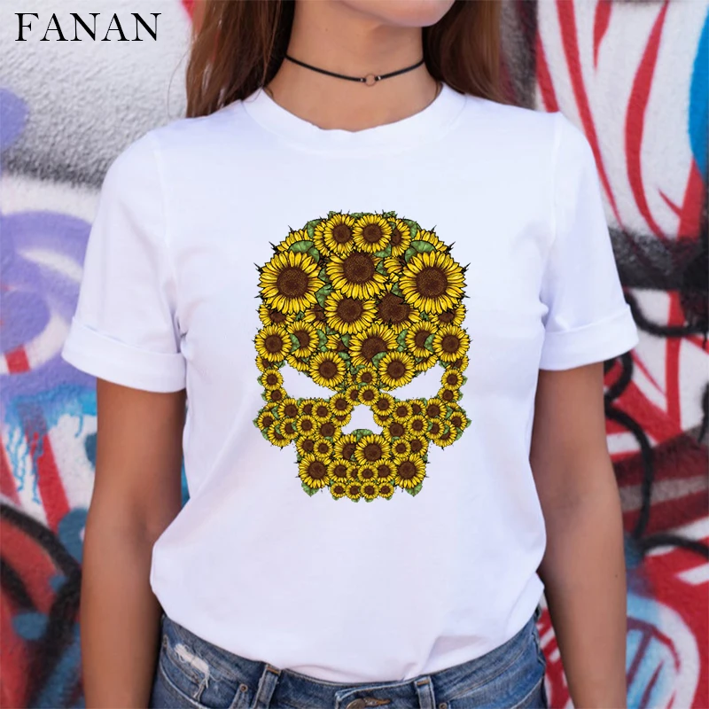 

2020 New Funny Skull Punk T Shirt Women Fashion Casual Short Sleeve Sunflower Harajuku Graphic TShirts Skull Love Sunflower Tops