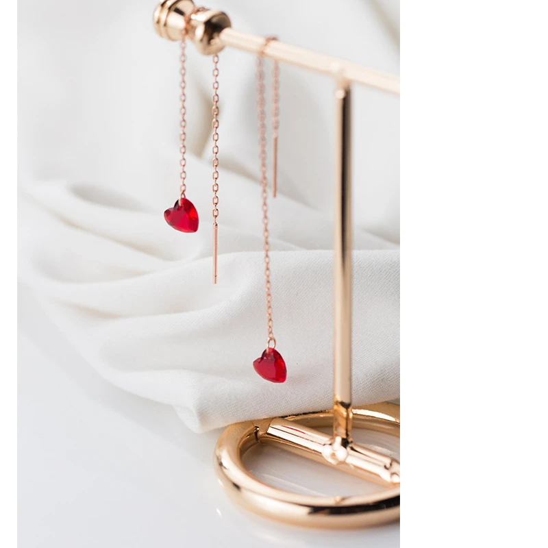 100% 925 Sterling Silver Red Zircon Heart Long Dangle Drop CZ Earrings Rose Gold Color Ear Threaderes Earings for Women | Украшения и