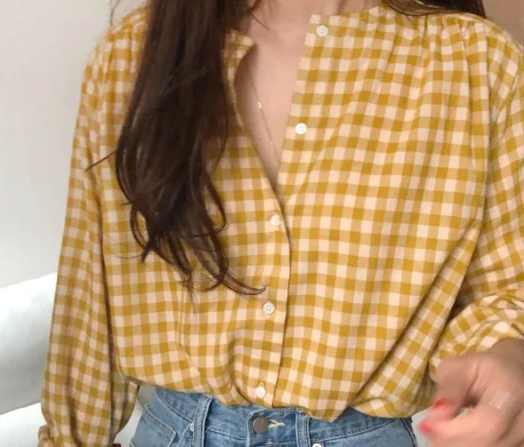 Блузка женская в шотландскую клетку Повседневная Свободная рубашка из хлопка и