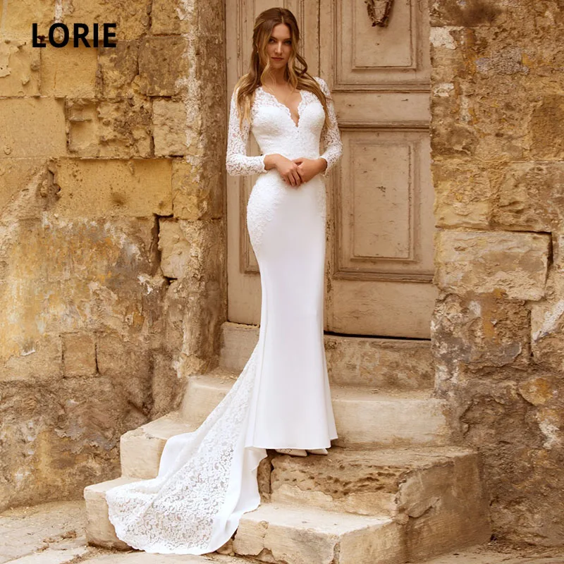 

LORIE Wedding Dresses Boho Mermaid V-Neck Lace Long Sleeves Stretchy Chiffon White Ivory Country Bridal Gown suknia ślubna