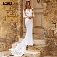 lorie wedding dresses boho mermaid v neck lace long sleeves stretchy chiffon white ivory country bridal gown suknia %c5%9blubna