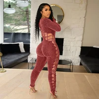 new sexy hollow out lace up bodycon jumpsuit for women full sleeve skinny rompers one piece jumpsuit birthday party club outfits