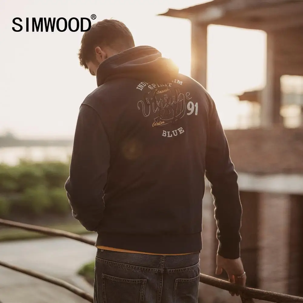 Мужская толстовка с капюшоном SIMWOOD, осеннее худи плюс-сайз с вышитыми надписями, свитшот цвета индиго на молнии, 90464