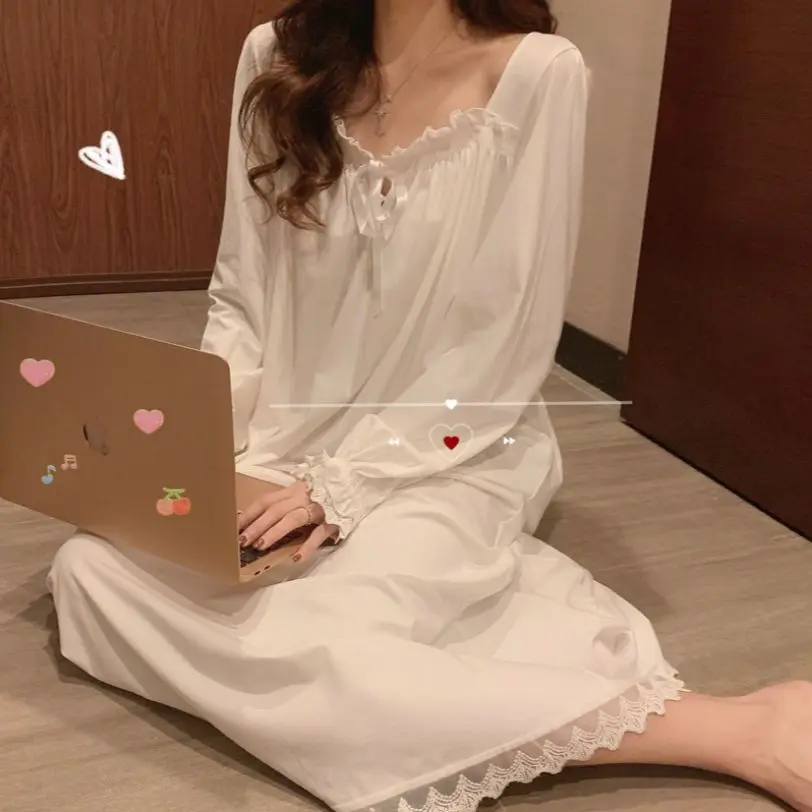 

Women's Nightdress Pure White Pajamas Female French Palace Style Dress Nightwear Sweet Long White Long-sleeve Homewear Sleepwear