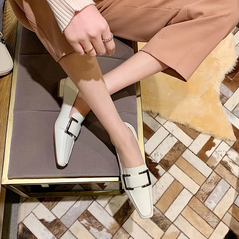 

2021 new pointed mid-oral layer cowhide flat shoes