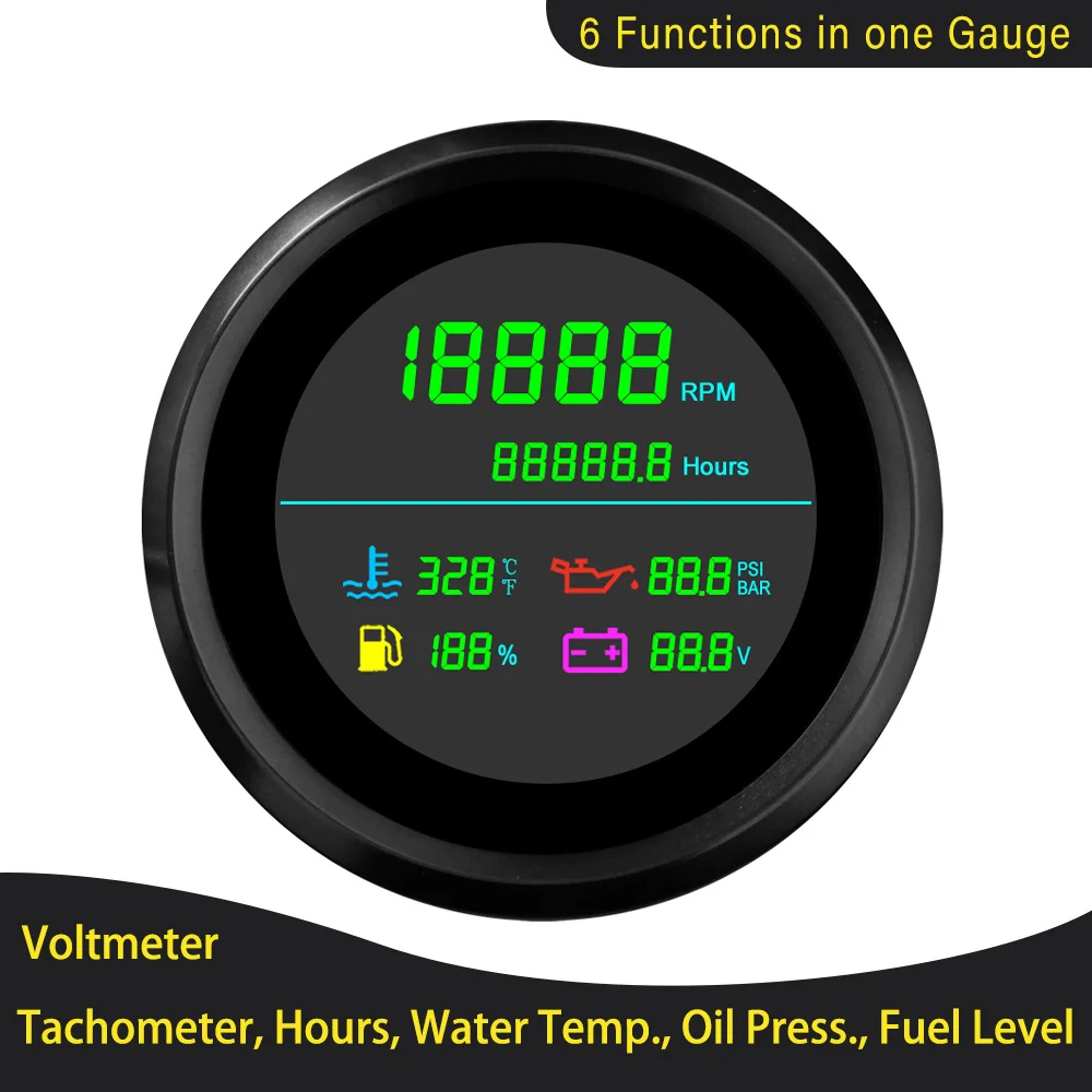 Тахометр 6 в 1 водонепроницаемый 85 мм ЖК-дисплей 0-19999 ОБ/мин