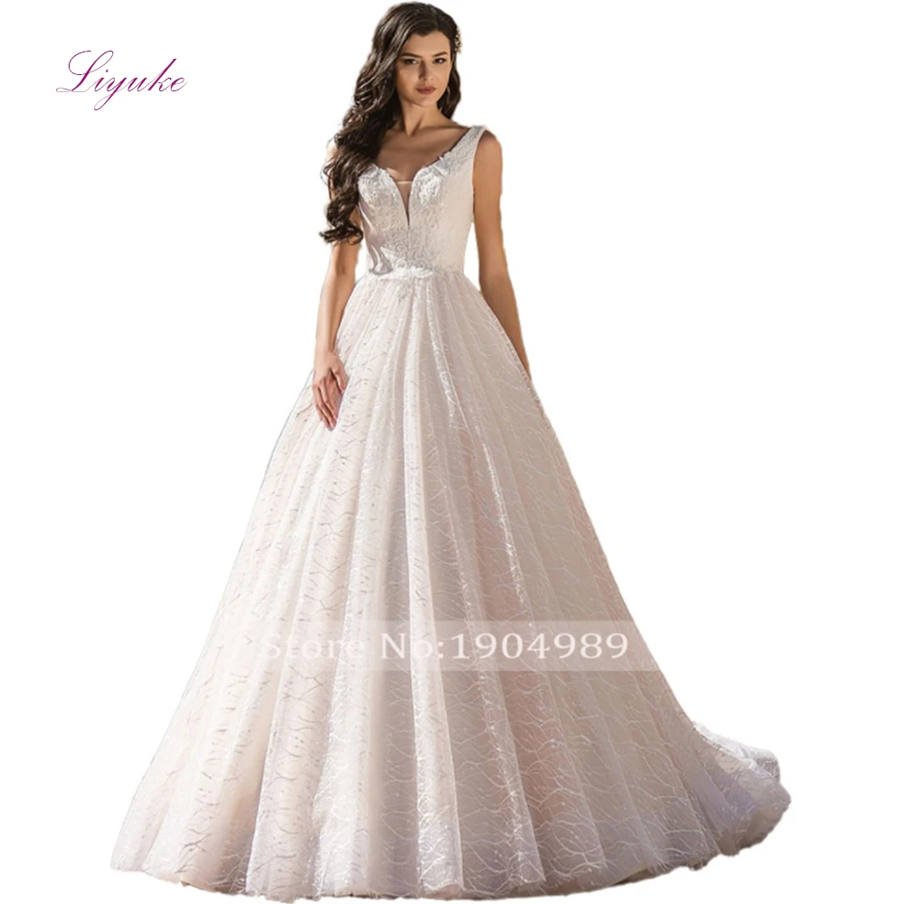 Liyuke Ball Gown Married Wedding Dress Lace Appliques Scalloped Neck Tank Sleeves Backless Customized Floor-length | Свадьбы и