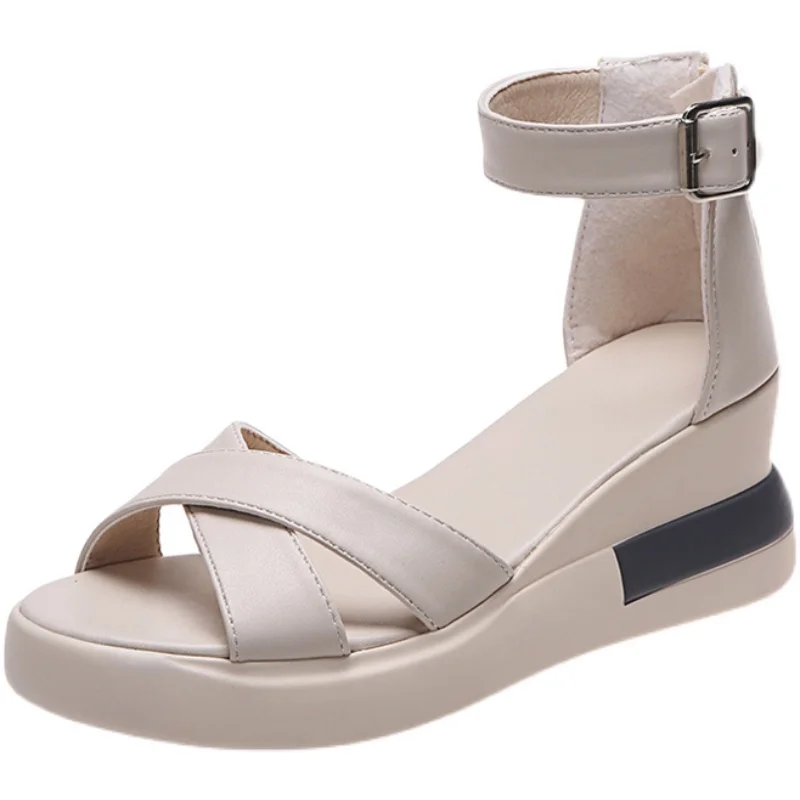 

One Word Buckle Large Size Roman Sandals Summer New Fashion All-Match Thick-Soled Slope With High-Heeled Ladies Sandals