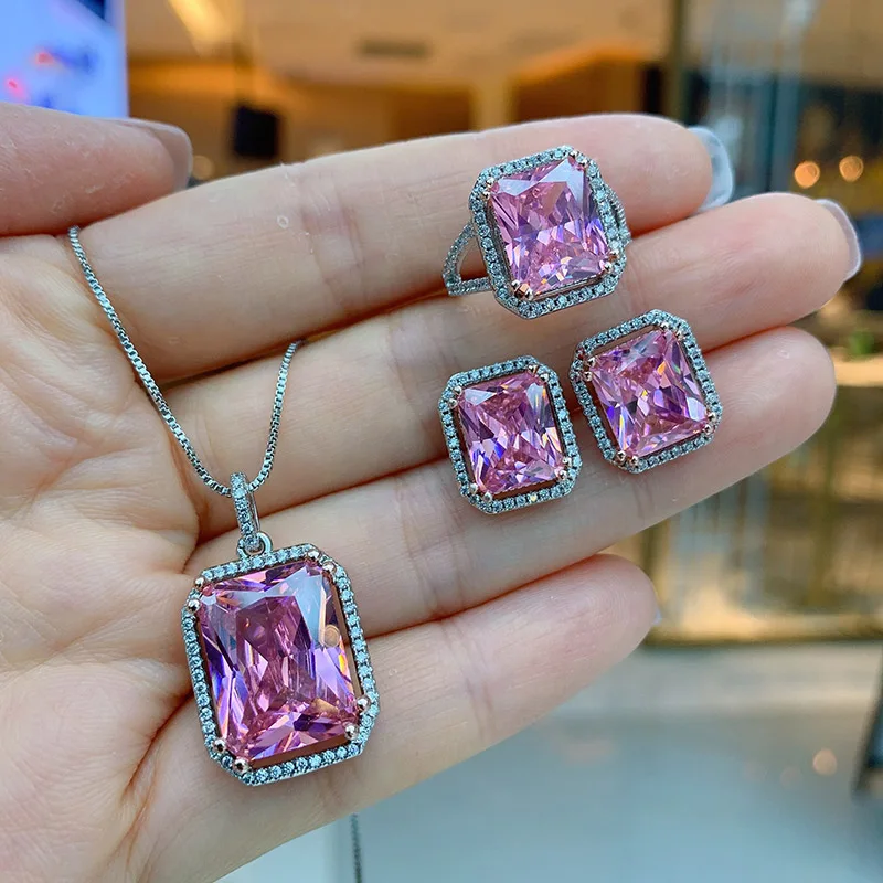 

Funmode Shiny Pink Cubic Zircon Ring Earring Necklace For Wedding Bridal Party Jewelry Sets Accessories Wholesale FS261