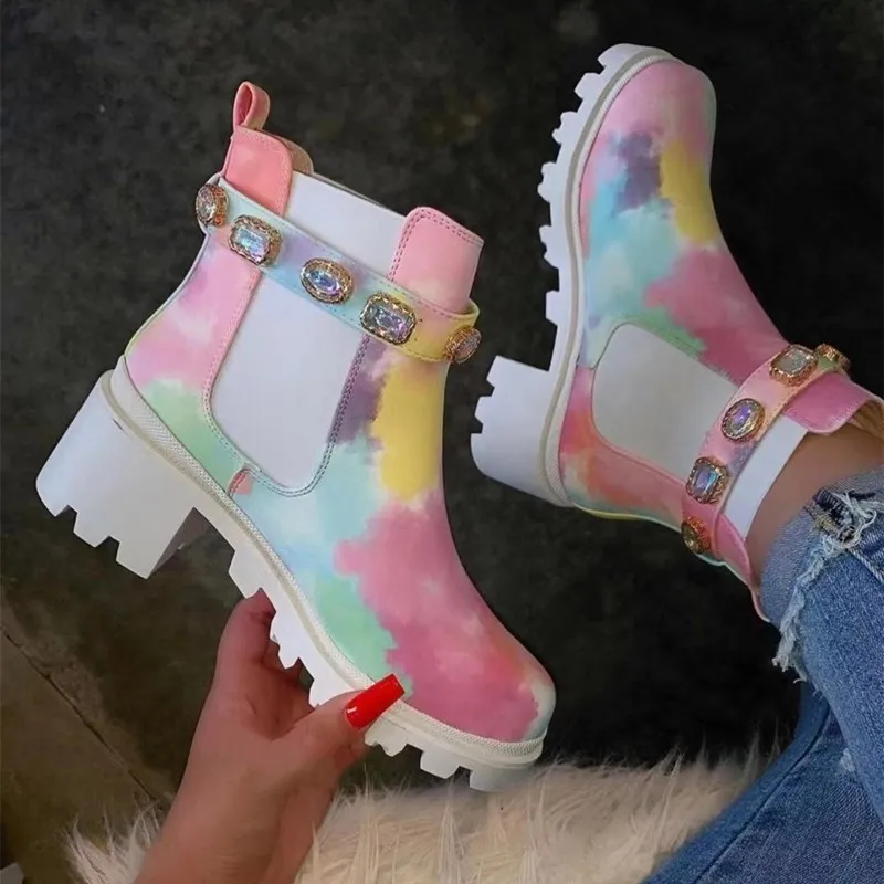 Women Non-Slip Short Boots Camouflage Tie-Dye Rhinestone Ankle Thick Heel High Round Toe Fashion Shoes | Обувь