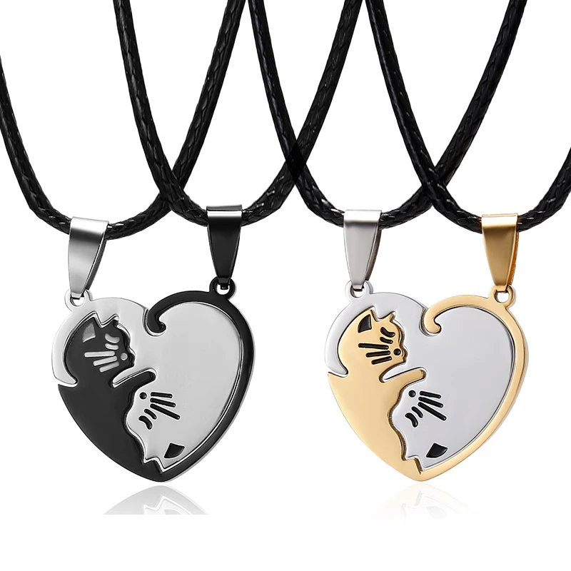 

Animal Pendant Black White Cat Stitching Necklace Simple Friendship Gift Heart Shape Gold White Cat Cute Couple Jewelry Necklace