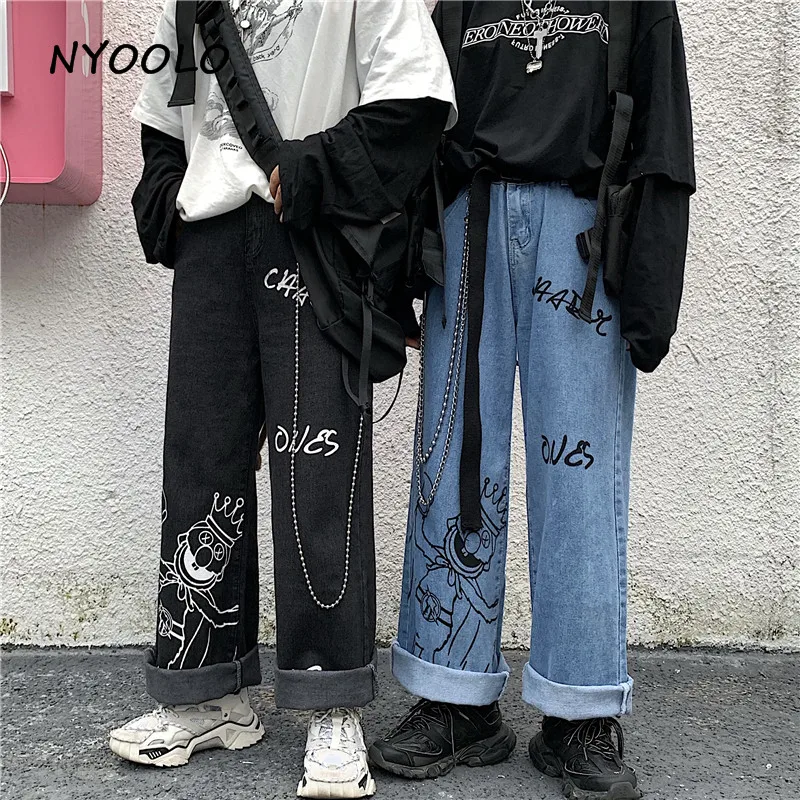 

NYOOLO Vintage cartoon letters print washed high waist jeans Casual streetwear loose full length wide leg denim pants women men