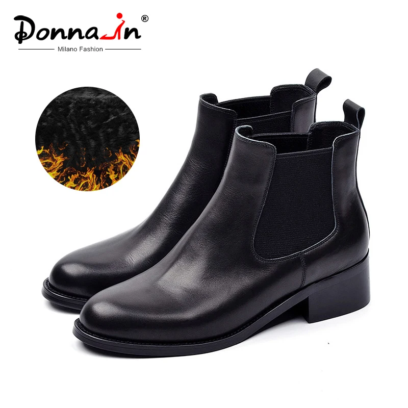 Donna-in/женские ботинки; коллекция года; сезон осень-зима; Теплые ботильоны из натуральной кожи на среднем каблуке; черные женские ботинки «Челси» с круглым носком; зимняя обувь