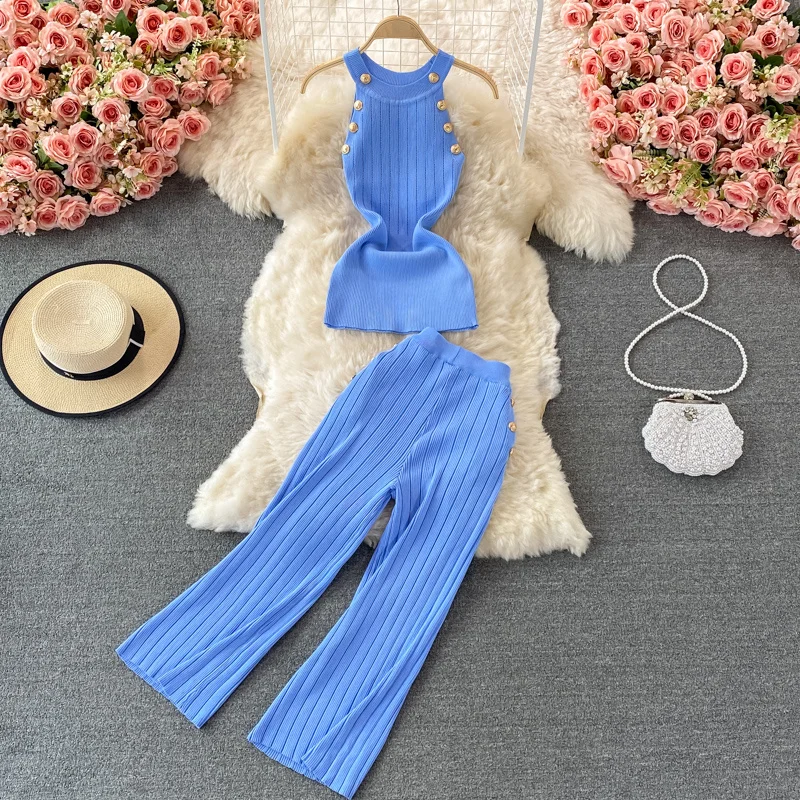 

Fashion Knitted Pants Suits Women Halter Sleeveless Vest Short Top And Wide Leg Long Straight Pants Ladies Two Piece Suits