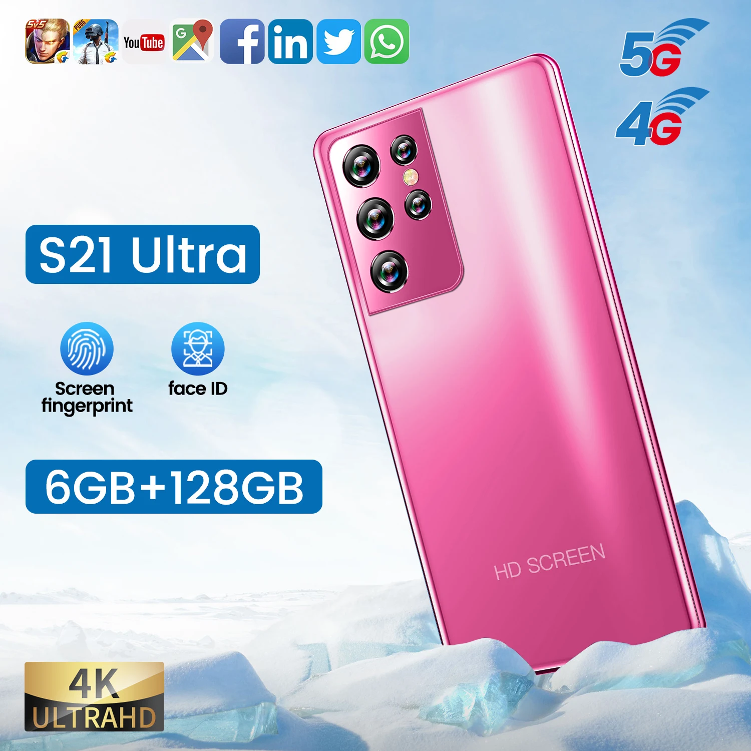 

Global Version S21 Ultra 5.0 Inch Smartphone 8+256GB 5000mAh Battery HD Full Screen Android 16MP+32MP WiFi GPS 4G Cell Phone