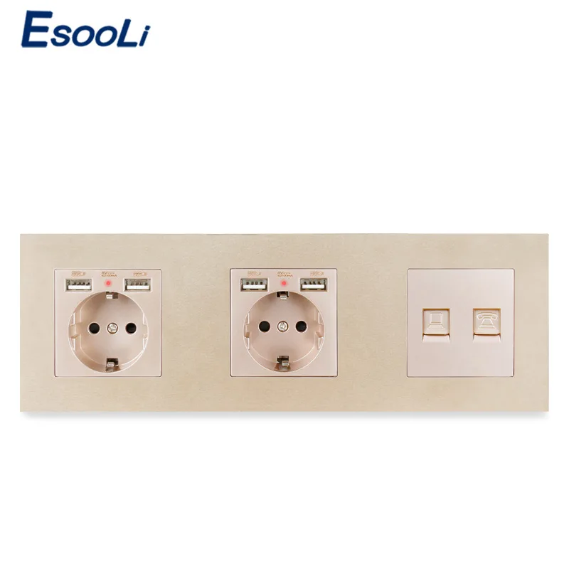 Пластиковая панель ESOOLI двойная розетка европейского стандарта + 4 USB порта для