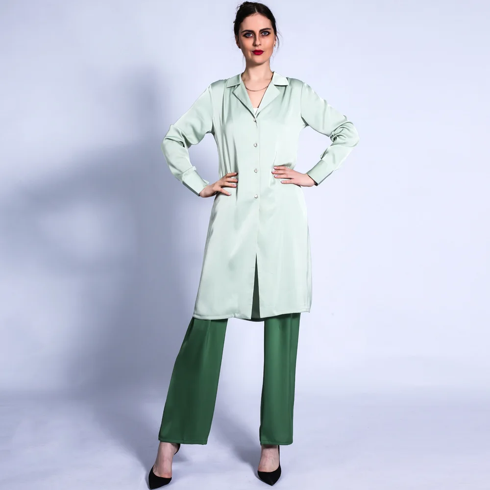 Free Shipping Muslim Women Fashion 2 Pieces  Autumn Long Trousers Satin Ensembles Color Abayas Collar Kaftan Full Cover Suits