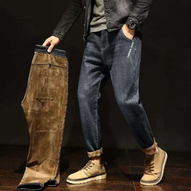 Warm Men's Jeans 2021 New Classic Business Casual Thickened Elastic Brand Pants Blue Black Jeans Korean Trend