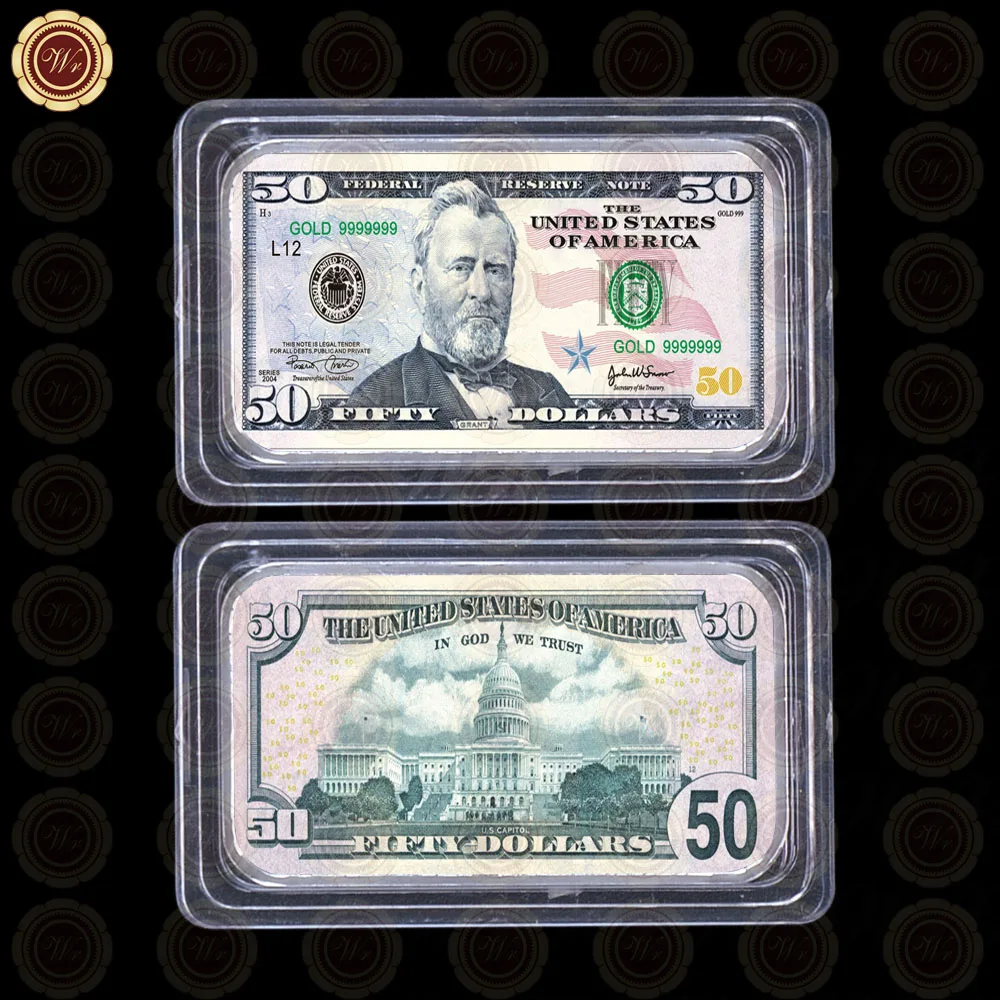WR качество 999. 24k посеребренный бар 10 долларов США цветной вызов слиток монета с чехол для коллекции - Цвет: USD 50