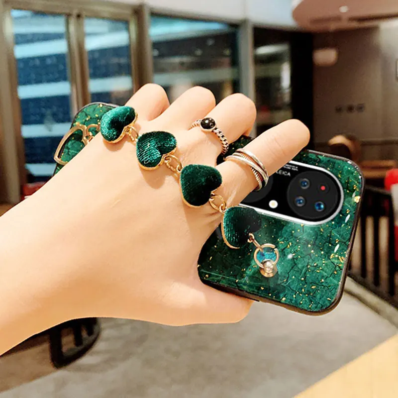 Marble Heart Bracelet Case For Huawei Y9 Prime 2019 Y9s Y7P Y7A Y6P Y5P P50 P40 P30 Pro P20 Lite Plush Wrist Strap Silicon Cover