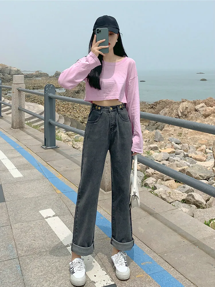 

Autumn Korean Button High Waist Wide Leg Straight Loose Long Denim Jeans for Women XS S M L XL XXL