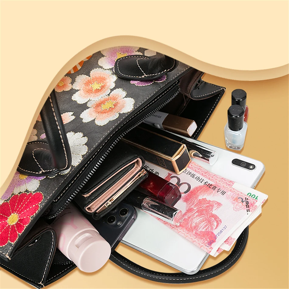 

Brand Women Leather Floral Bag 2021 Chinese Style Big Luxury Handbags Women Bags Designer Handmade Embroidery Shoulder Tote Bags