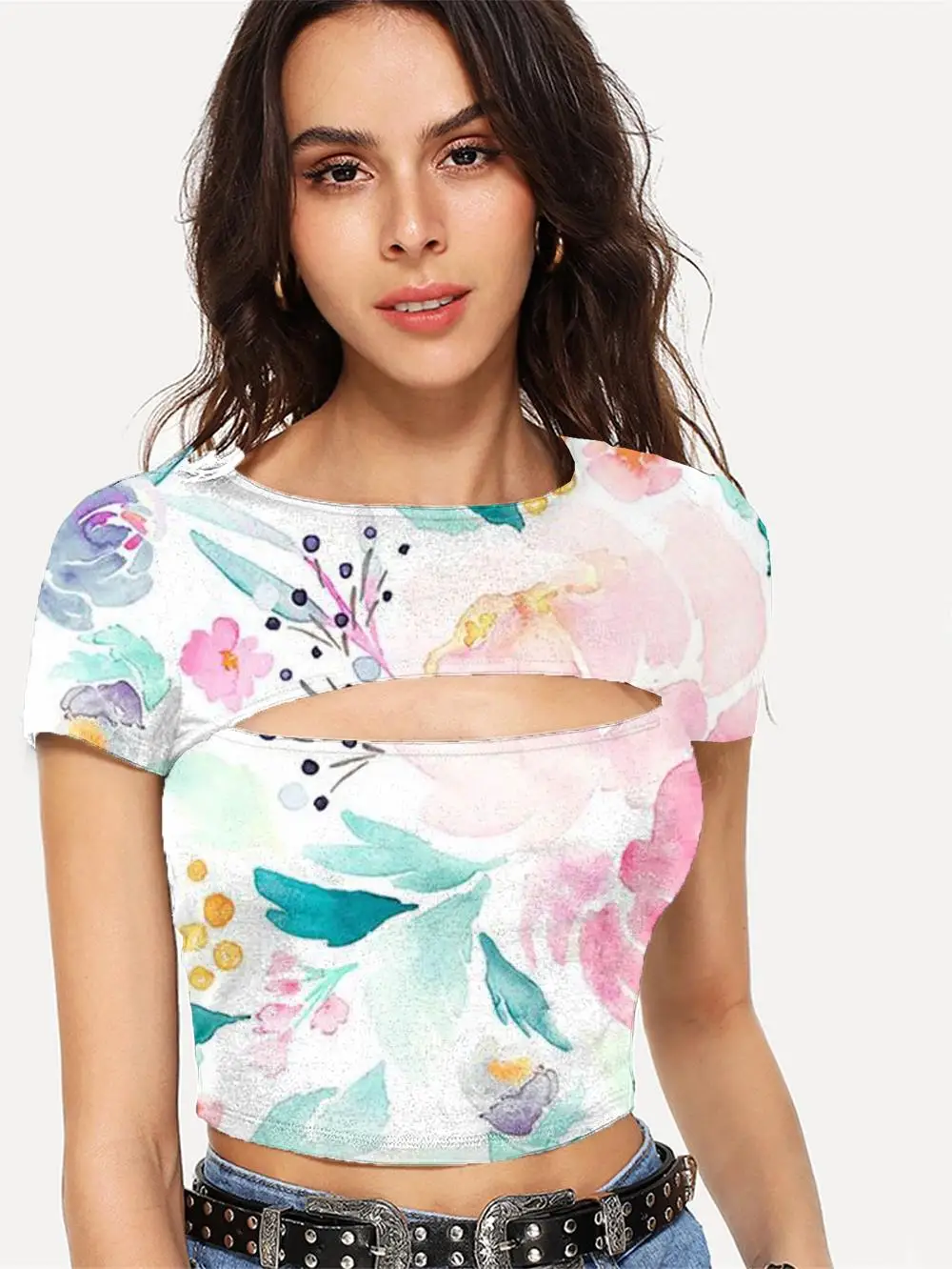 

Футболка женская с цветочным принтом, с коротким рукавом и пупком