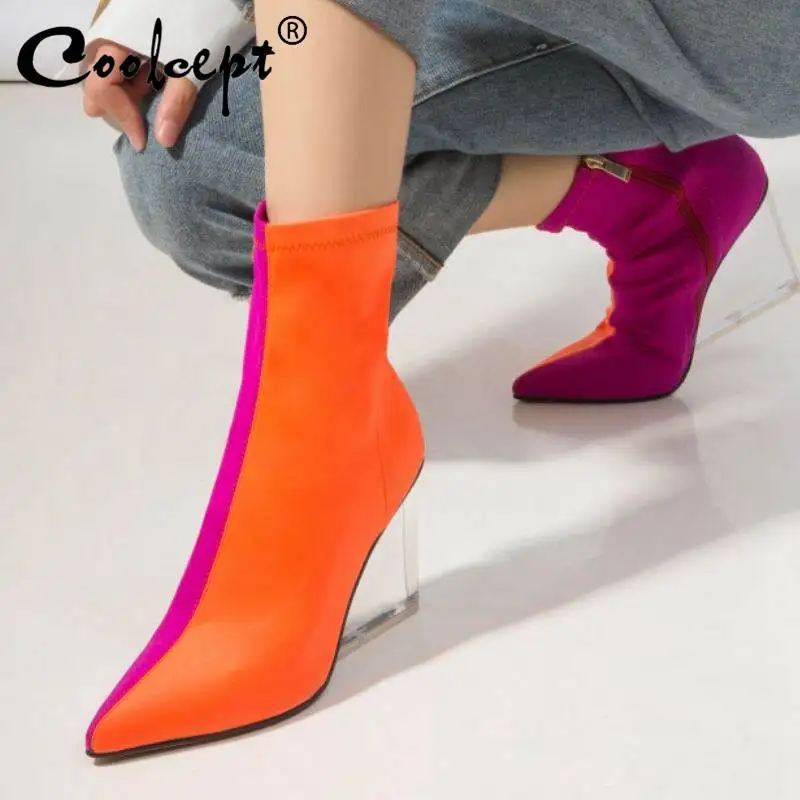 Coolcept Lycra Women Ankle Boots Fashion Mixed Color Zipper High Heels Shoes Autumn Winter Party Brand Footwear Size 34-39 | Обувь