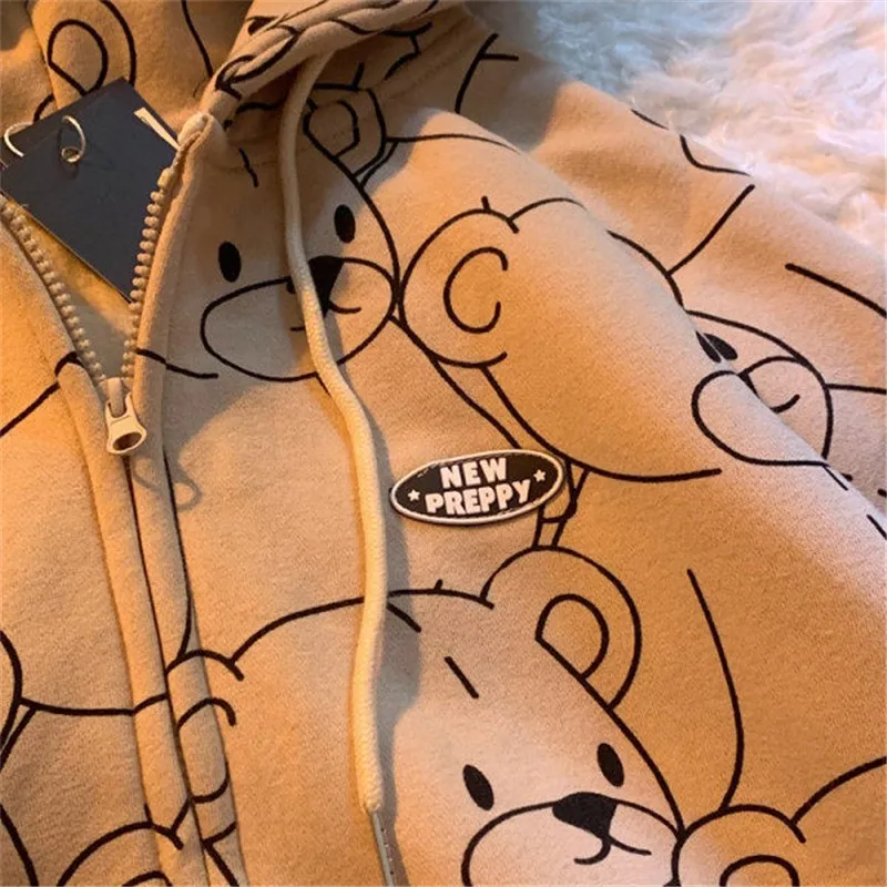 Autumn Winter Long Sleeve Hoodie Sweetshirt Clothes Women 2021 Fashion Zip Up Cute Bear Hoodies Vintage Coat Loose Harajuku Top