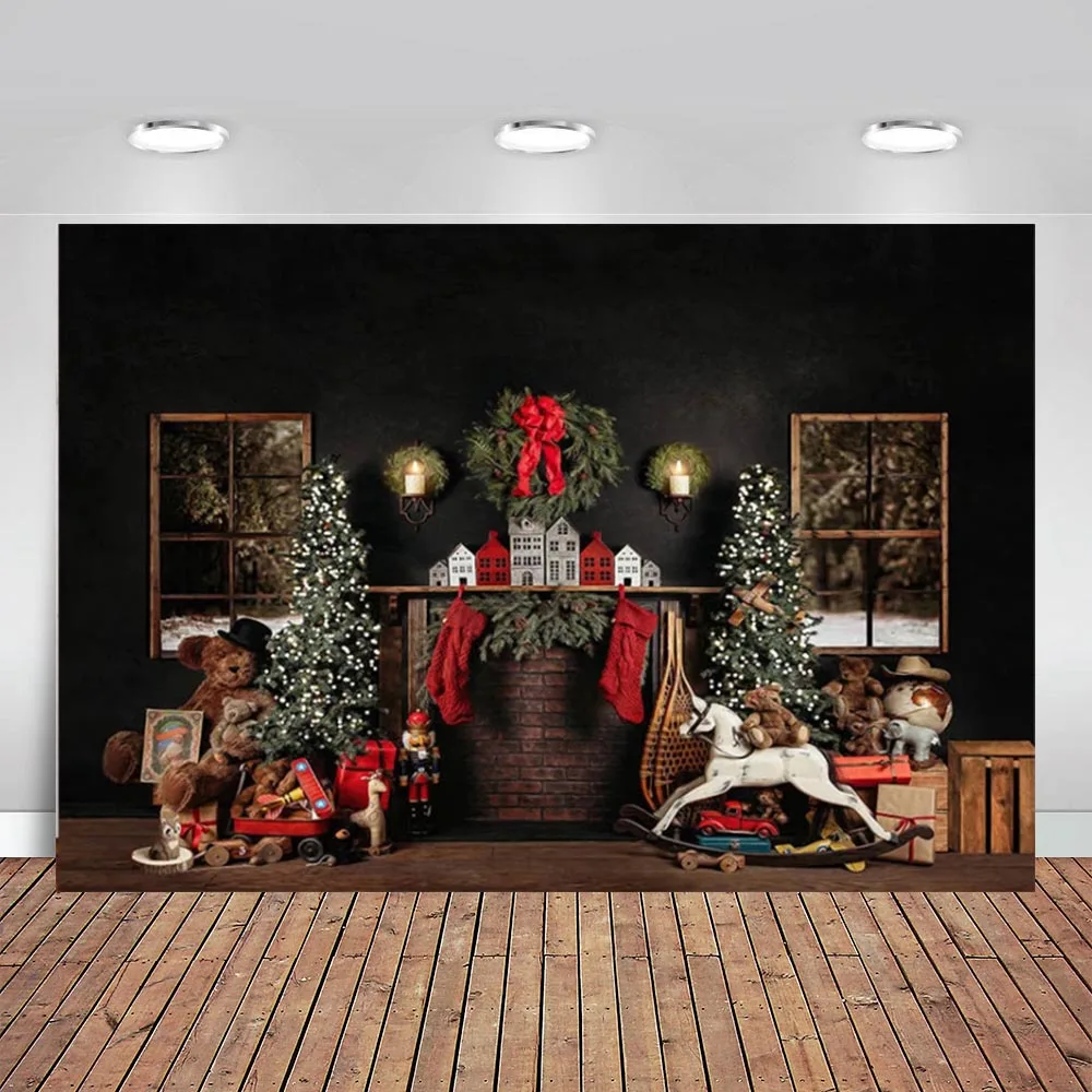 

Photography Background Christmas Tree Lights Wreaths Fireplace Toy Socks Birthday Party Backdrop Photocall Photo Studio