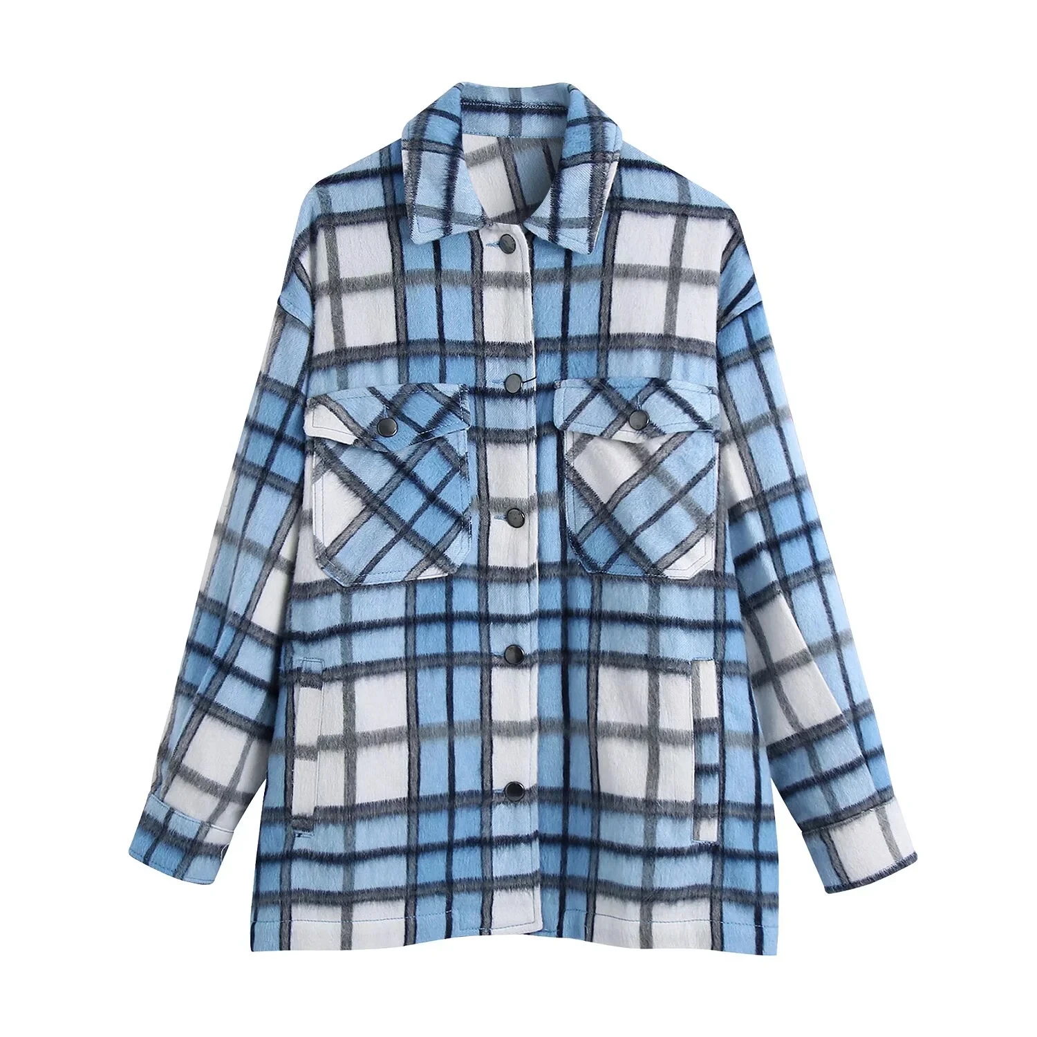 

Women Spring Autumn Blue Plaid Blouse Design Jacket Coat Female Turn Down Collar Single Breasted Loose Casual Fashion Top