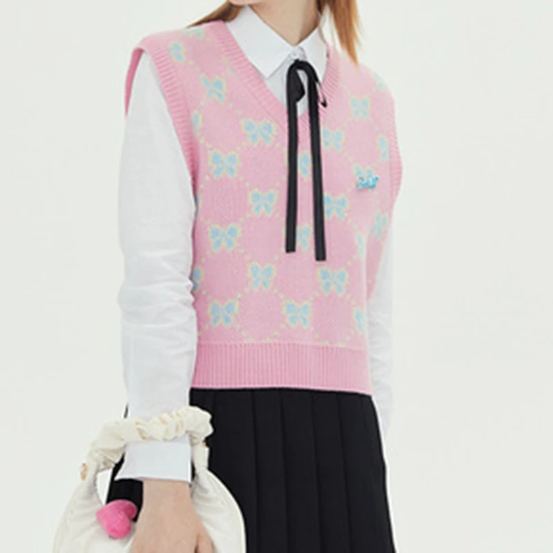 

Pink Knitted Jacquard Bow Tie Sweater Vest for Women Cute Ladies Vintage 2000s Aesthetic V Neck Pullover Jumper Vest