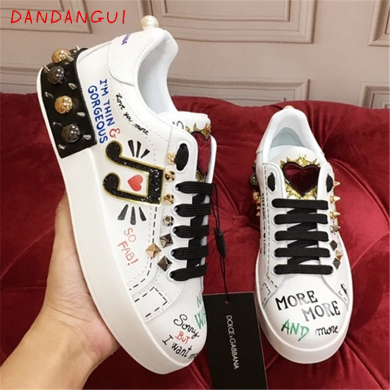 

White Graffiti Crystal Female Sneakers Luxury Designer Natural Leather Women's Running Shoes Spring Autumn Casual Girls Shoes