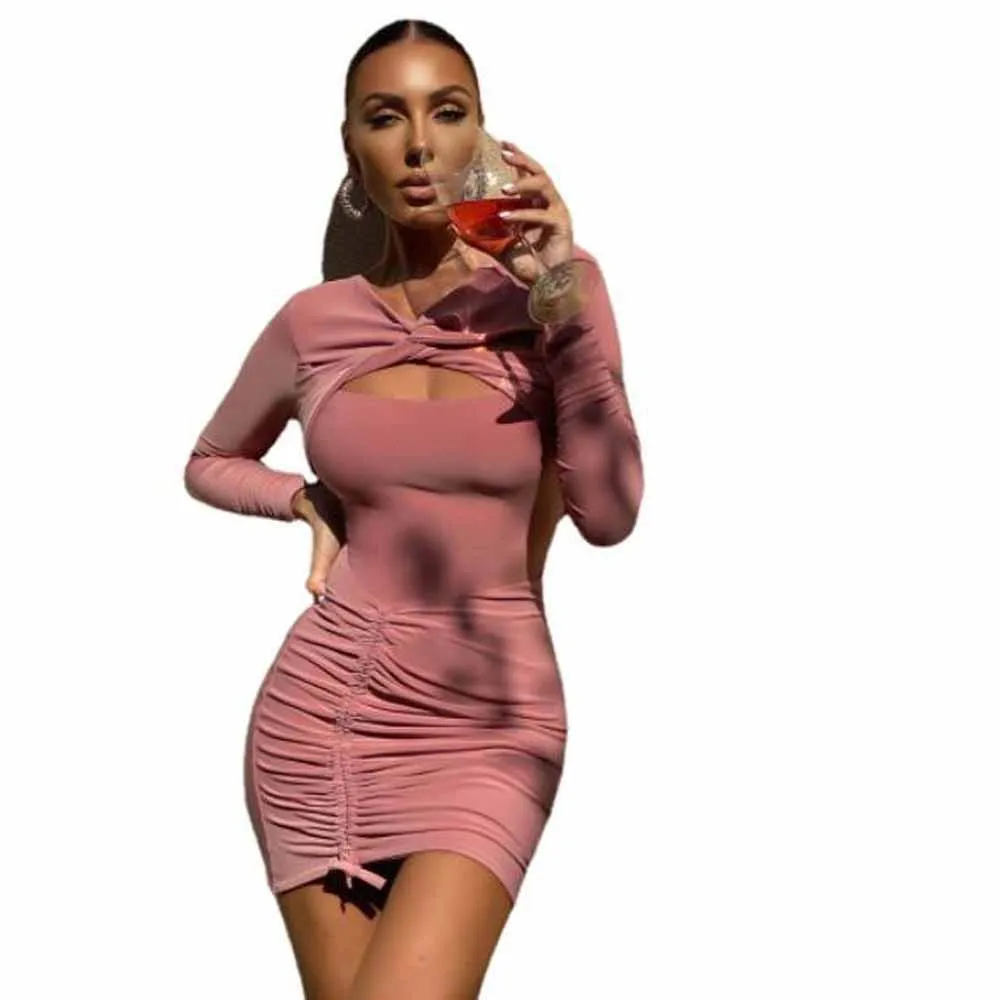 

Cultiseed European Women Sexy Hollow Chest Drawstring Pleated Slim Hip Nightclub Party Dress Female Ladies New Long Sleeve Gown