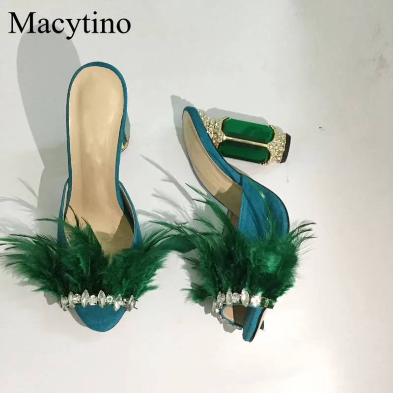 Модные шлепанцы на высоком каблуке замшевые кожаные зеленые туфли