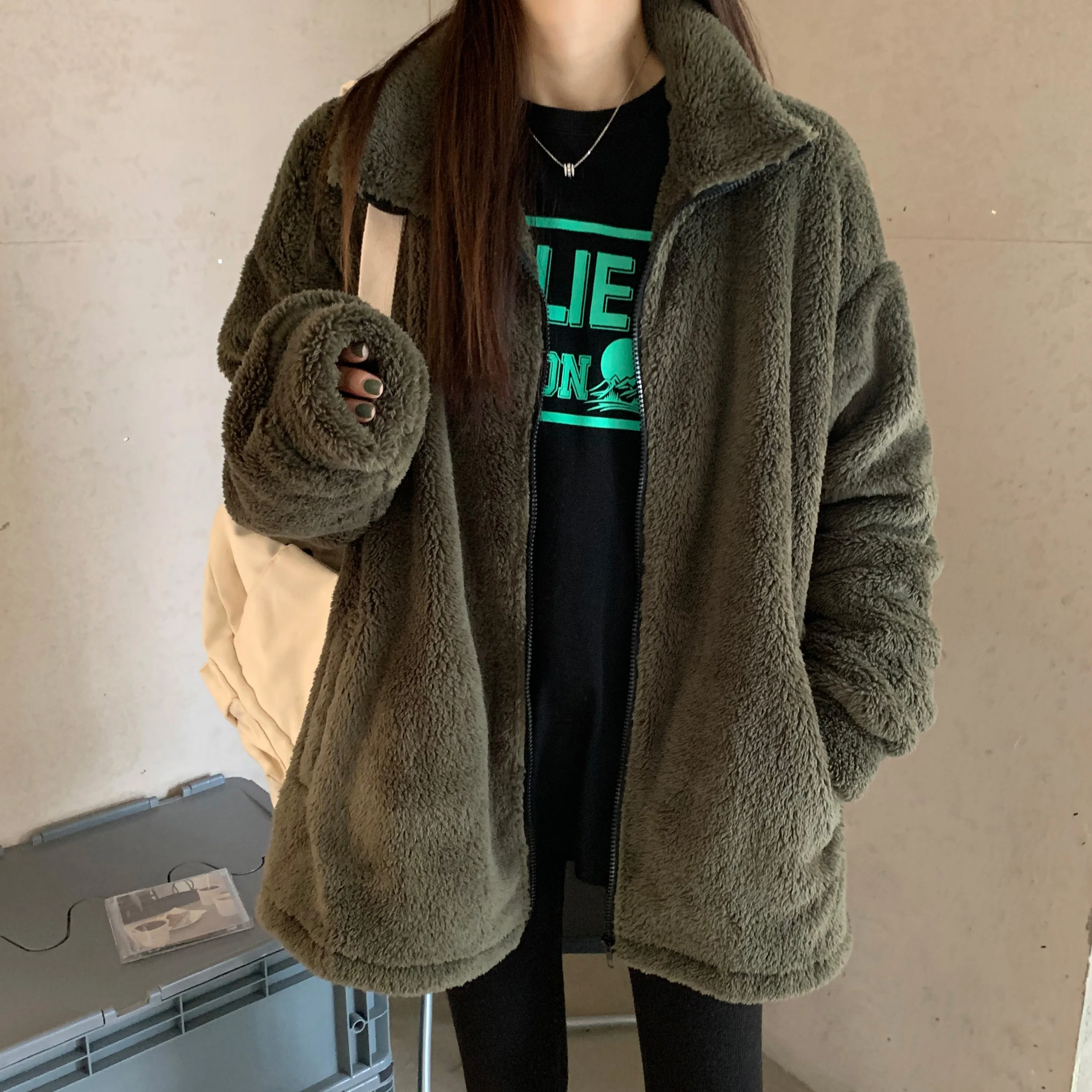 

Zoulv Spring Loose Jacket Solid Color Avocado Zipper Pocket Lapel Jacket Joker Casual Fashion Student Mori Female Girl Coat