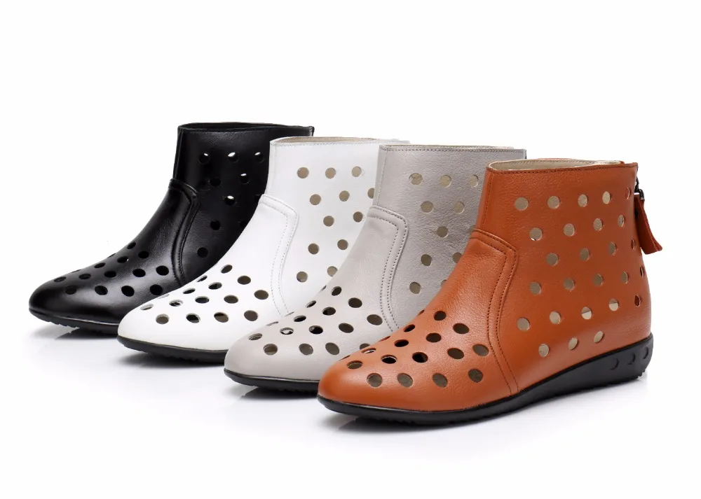 

2019 Fashion Genuine Leather Summer Ankle Boots for Women Flat Heel Boots Cut Out Booties Casual Shoes Big Size 34-43