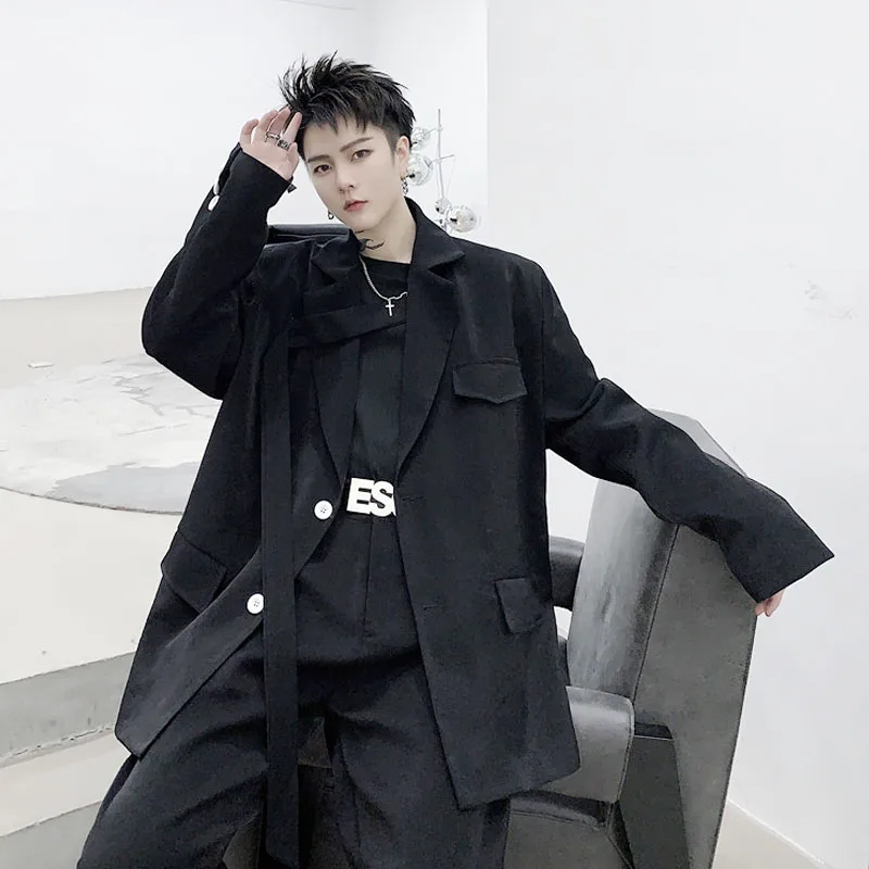 

Male Japan Streetstyle Retro Fashion Casual Ribbon Blazer Coat Straight Trouser Men 2PCS Suits Sets Jacket+pant